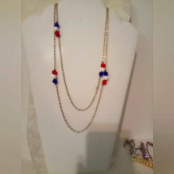 VTG Necklace Acrylic Bead Station Chain Endless 54" Red White Blue Patriotic - Picture 3 of 4
